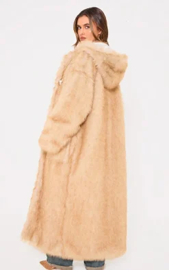 Natural Ombre Tip Hooded Faux Fur Maxi Coat