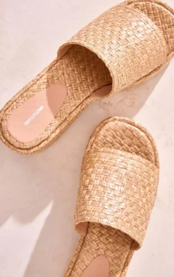 Natural Raffia Round Toe Strap Platform Sandals