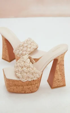 Natural Square Toed Woven Raffia Strap Cork Platform Heeled Sandals