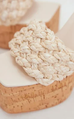 Natural Square Toed Woven Raffia Strap Cork Platform Heeled Sandals