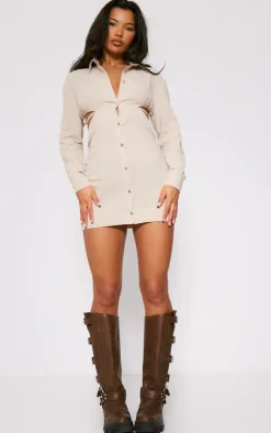 Natural Stone Textured Open Back Detail Shirt Dress