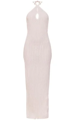 Natural Textured Cut Out Halterneck Maxi Dress