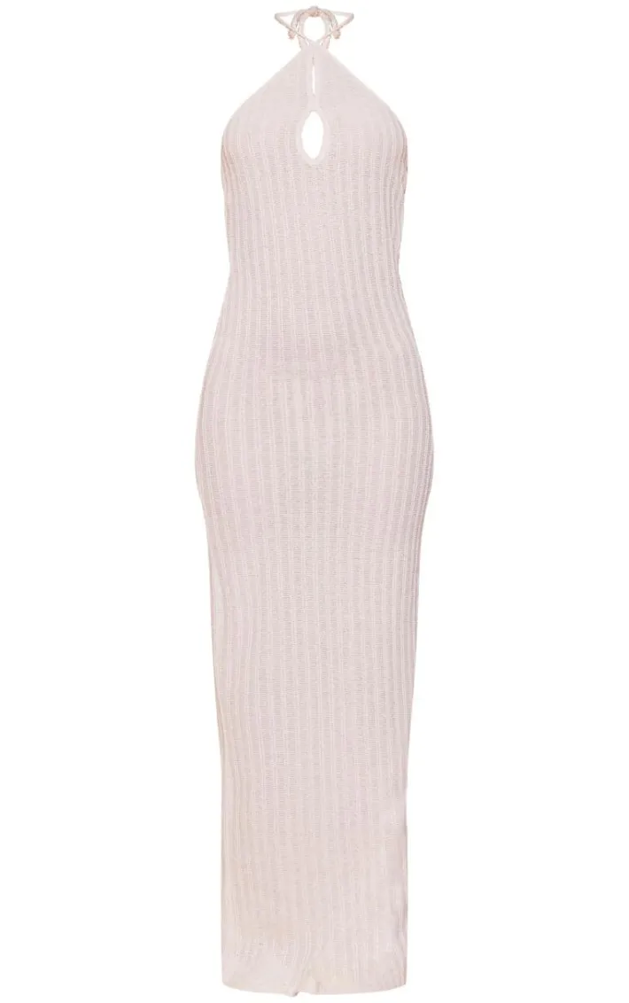 Natural Textured Cut Out Halterneck Maxi Dress