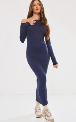 Navy Asymmetric Neck Split Detail Maxi Dress