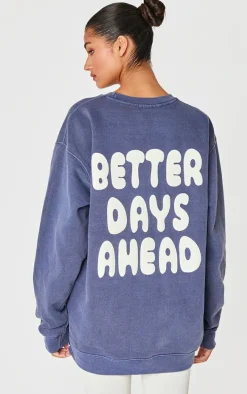 Navy Better Days Ahead Printed Washed Sweatshirt