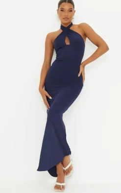 Navy Bridesmaid Corset Detail Cross Front Maxi Dress