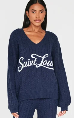 Navy Cable Knit Embroidered V Neck Sweater