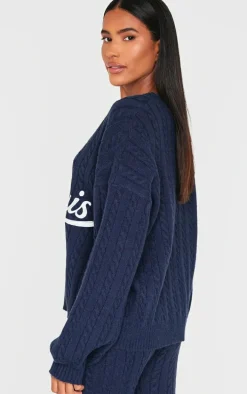 Navy Cable Knit Embroidered V Neck Sweater