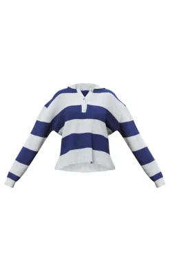 Navy Contrast Stripe Button Through Thick Rib Knit Rugby Top