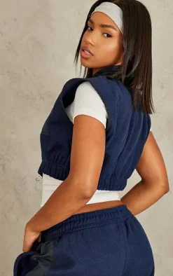 Navy Fleece Contrast Pocket Cropped Vest