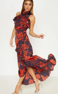 Navy Floral Print Frill Detail Wrap Maxi Dress