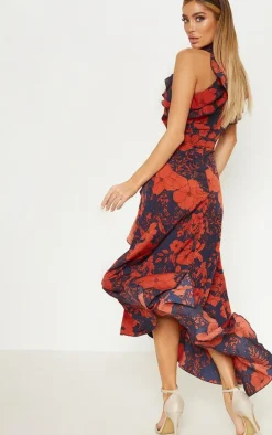 Navy Floral Print Frill Detail Wrap Maxi Dress