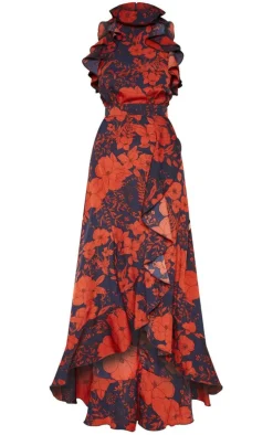 Navy Floral Print Frill Detail Wrap Maxi Dress