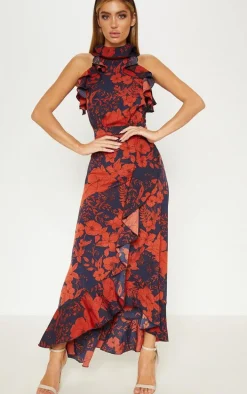 Navy Floral Print Frill Detail Wrap Maxi Dress