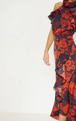 Navy Floral Print Frill Detail Wrap Maxi Dress