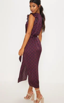 Navy Geo Print Satin Frill Shoulder Split Midi Dress