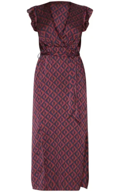 Navy Geo Print Satin Frill Shoulder Split Midi Dress