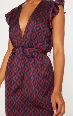 Navy Geo Print Satin Frill Shoulder Split Midi Dress