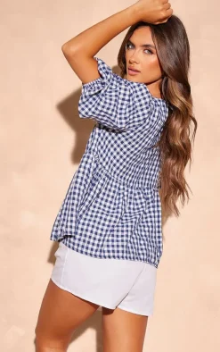 Navy Gigham Tie Front Puffsleeve Blouse