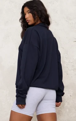 Navy Health Club Print Collared Oversized Sweatshirt
