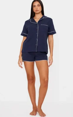 Navy Jersey Piping Detail Short PJ Set