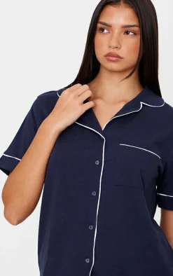 Navy Jersey Piping Detail Short PJ Set