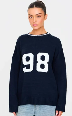 Navy Knit Oversized Embroidered Sweater