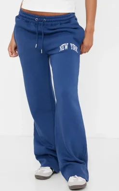 Navy New York Print Wide Leg Sweatpants