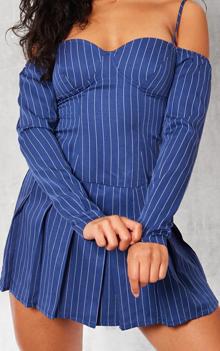Navy Pinstripe Bardot Pleated Shift Dress