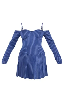 Navy Pinstripe Bardot Pleated Shift Dress