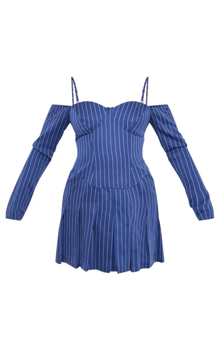 Navy Pinstripe Bardot Pleated Shift Dress