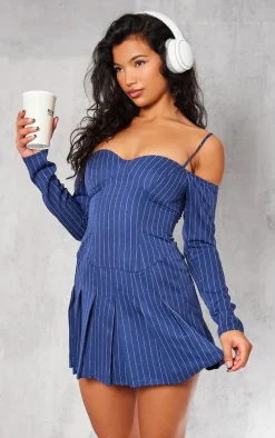 Navy Pinstripe Bardot Pleated Shift Dress