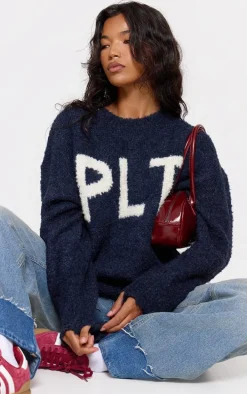 Navy PLT Boucle Knitted Oversized Sweater