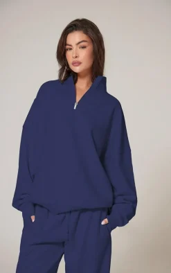 Navy Premium High Neck Quarter Zip Oversized Sweatshirt