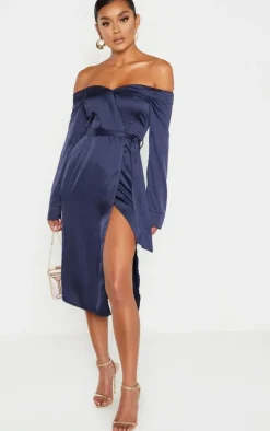 Navy Satin Bardot Lapel Detail Wrap Midi Dress