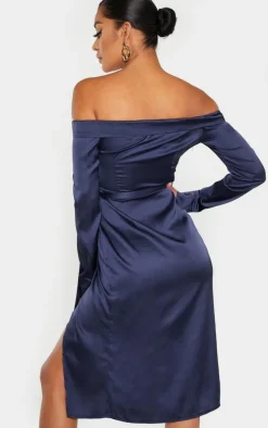 Navy Satin Bardot Lapel Detail Wrap Midi Dress