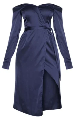 Navy Satin Bardot Lapel Detail Wrap Midi Dress