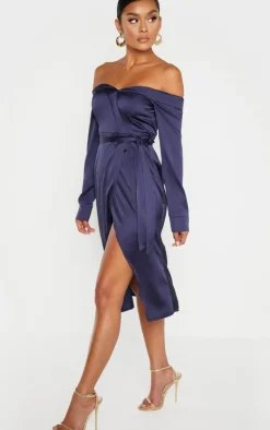 Navy Satin Bardot Lapel Detail Wrap Midi Dress
