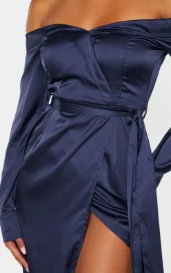 Navy Satin Bardot Lapel Detail Wrap Midi Dress