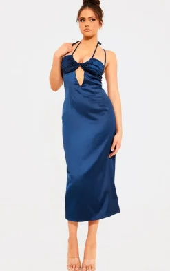 Navy Satin Halter Neck Midi Dress