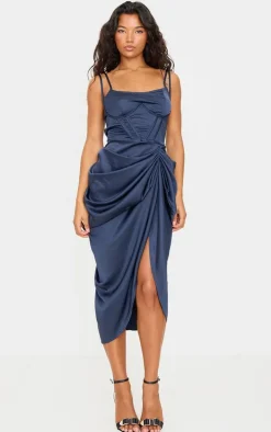 Navy Satin Underwired Draped Skirt Midi Dress