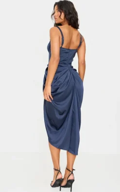 Navy Satin Underwired Draped Skirt Midi Dress