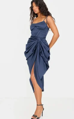 Navy Satin Underwired Draped Skirt Midi Dress