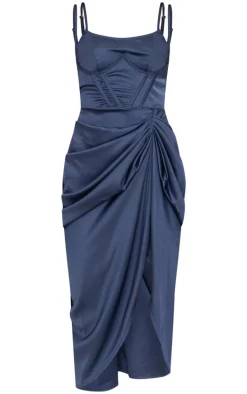 Navy Satin Underwired Draped Skirt Midi Dress