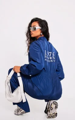 Navy Shell Panelling Zip Detail Jumpsuit