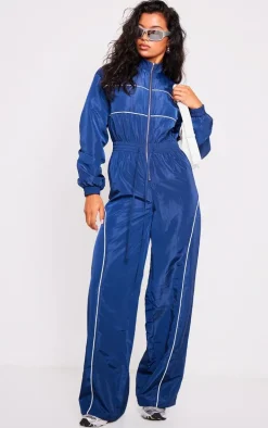 Navy Shell Panelling Zip Detail Jumpsuit