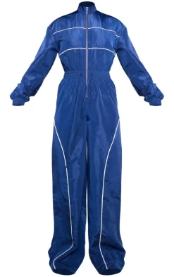 Navy Shell Panelling Zip Detail Jumpsuit