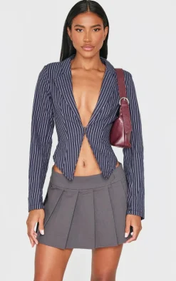 Navy Striped Plunge Hook & Eye Shirt