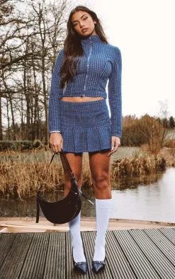 Navy Textured Boucle Twill Skater Skirt