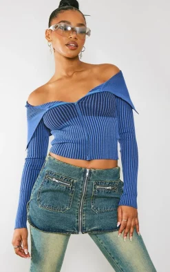 Navy Two Tone Rib Foldover Zip Jacket